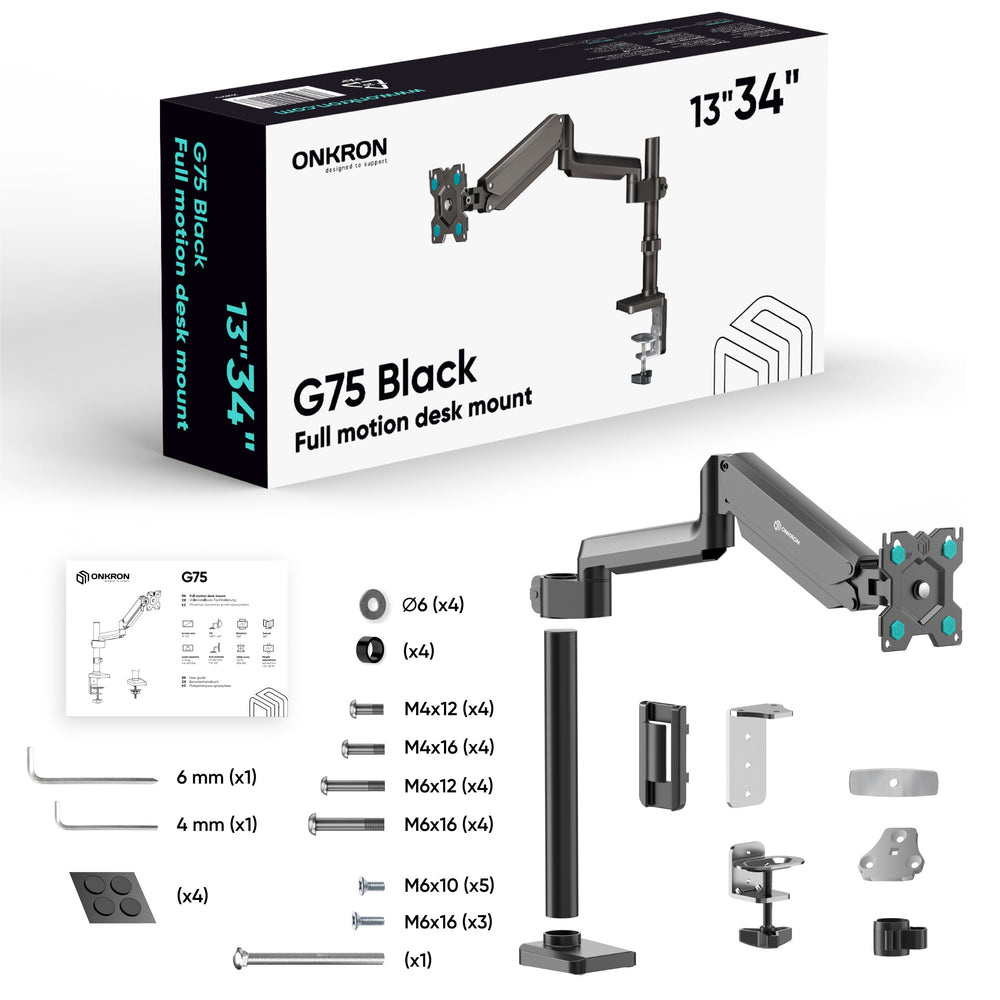 Single Monitor Desk Mount for 13'' to 34 Inch LCD LED Screens up to 26.5 lbs. ONKRON G75, Black.