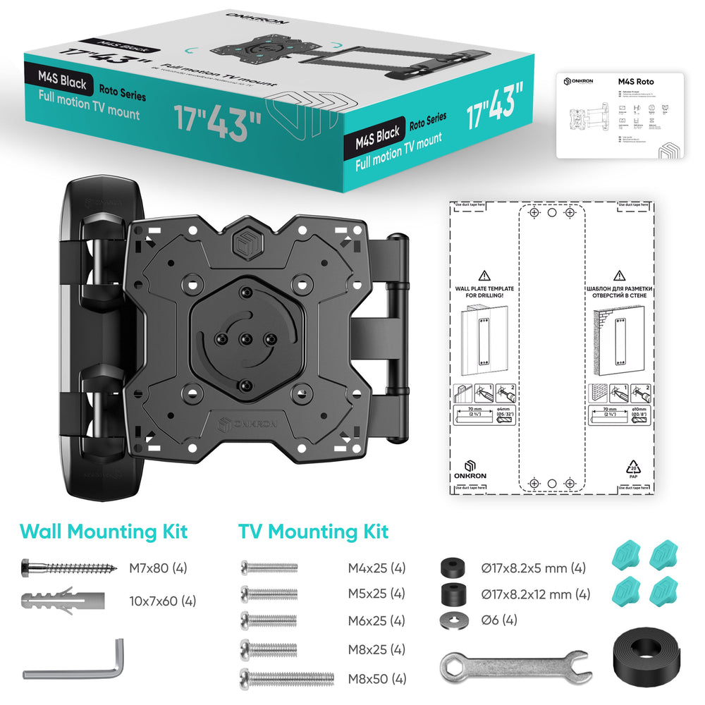 Full Motion TV Wall Mount for 17– 43 Inch LCD LED Flat Screens up to 77 lbs ONKRON M4SR-B, Black