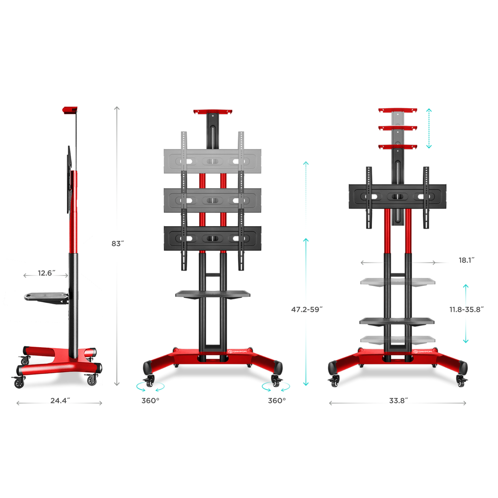Mobile TV Stand Rolling TV Cart for 40” – 70 inch Screens up to 100 lbs ONKRON TS1551, Red
